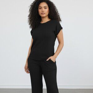 Black Blouse Short Sleeve Crinkle Pantsuit